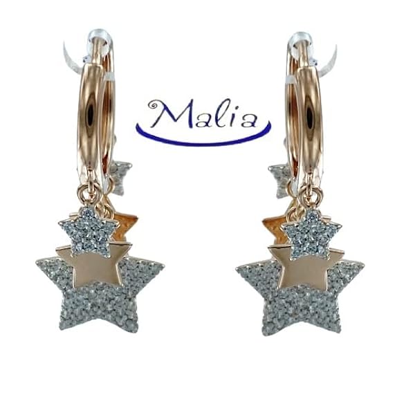 Malia - orecchini a cerchio in argento 925 ros con ciondoli a forma di stelle - bianchi